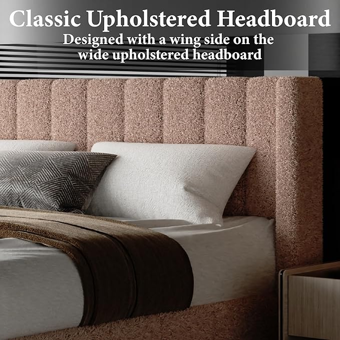 Full Bed Frame with Headboard Upholstered Platform Bed Frame with Teddy Velvet Headboard, Wooden Slats Support/Wing Edge Design/No Box Spring Needed/Easy Assembly, Brown Full