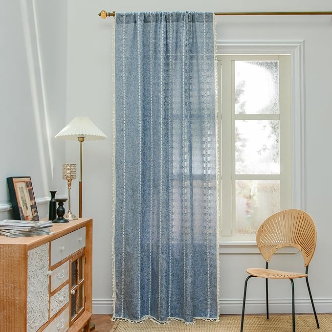 Deeprove Denim Blue Boho Curtain 96 inches Length for Bedroom Dining Room, Rustic Country Bohemian Sheer 96 inches Long Stripe Embroidery Privacy Window Tassel Cottage Decor W52 x L96, 1 Panel