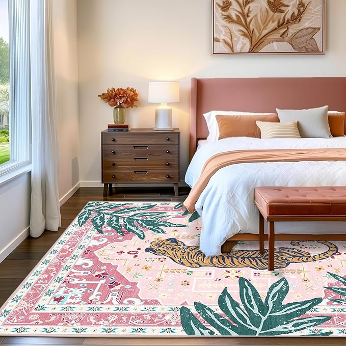 Area Rug Pink 4x6 Tiger Rug Washable Non-Slip Boho Vintage Tropical Animal Print Jungle Rug for Bedroom Girls Room Hallway Soft Cozy Whimsical Woodland Carpet for Play Room Laundry Room