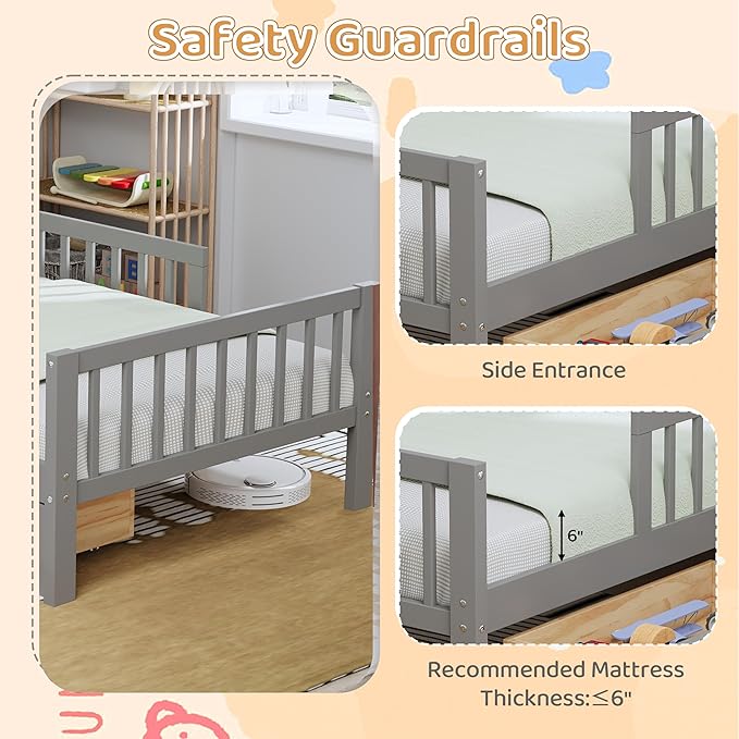 Wood Twin Size Platform Bed with Safety Fence for Kids Boys Girls, Platform Bed Frame with Practical Headboard and 2 Under-Bed Drawers, Sturdy Slats Support (Gray-3.15)