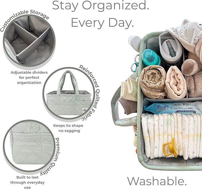 Adonia & Co Diaper Caddy Organizer – Nursery Storage Basket for Newborn Essentials & Baby Must Haves – Portable, Machine Washable Baby Diaper Bag Organizer (Green)