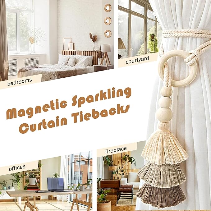 SRG Rope Curtain Tiebacks with Tassel Boho 2 PCS Handmade Wooden Ring Curtain Tie Backs Accessories Wall Decoration Drapery Curtain Holdbacks for Bedroom Window