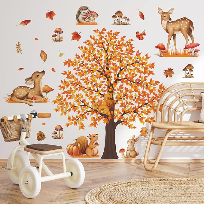 Large Autumn Fall Maple Tree Wall Decals Woodland Animals Creactures Mushroom Wall Stickers for Autumn Party Decorations Bedroom Living Room Wall Decor