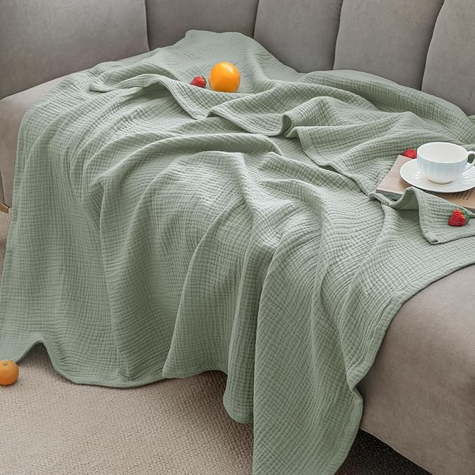 PHF 100% Cotton Muslin Throw Blanket 50" x 60", 4-Layer Lightweight Gauze Throw, Breathable Cloud-Soft Minimalist Blanket for Bed, Couch, Camping & Baby, Sage Green, Ideal Gift