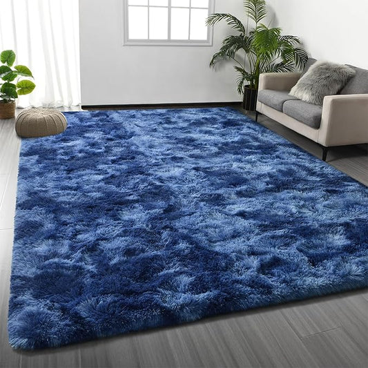Shag Area Rug, 4 X 6 Plush Fuzzy Rugs for Living Room, Ultra Soft Fluffy Furry Rug for Bedroom, Indoor Carpet Nursery Rugs for Kids Room Home Decor, Tie-Dyed Navy Blue