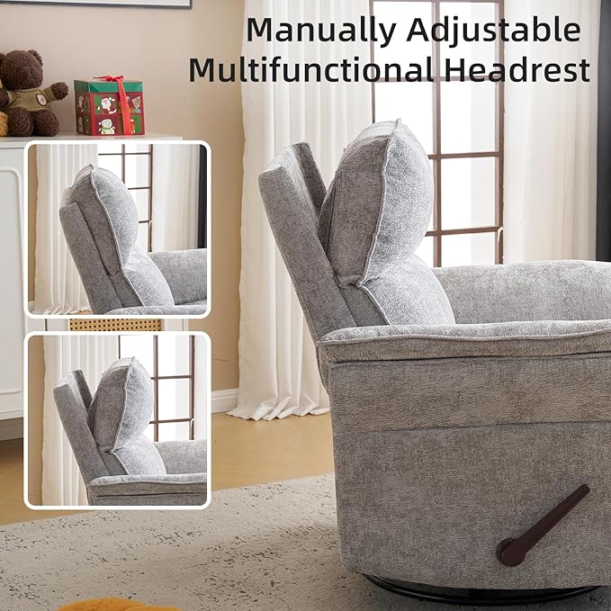 Oversized Glider Rocker Recliner, 26" Extra Wide 360° Swivel Nursery Recliner with Adjustable Headrest, Chenille Rocking Nursery Chair with Overstuffed Armrest, Lumbar Support, Light Grey