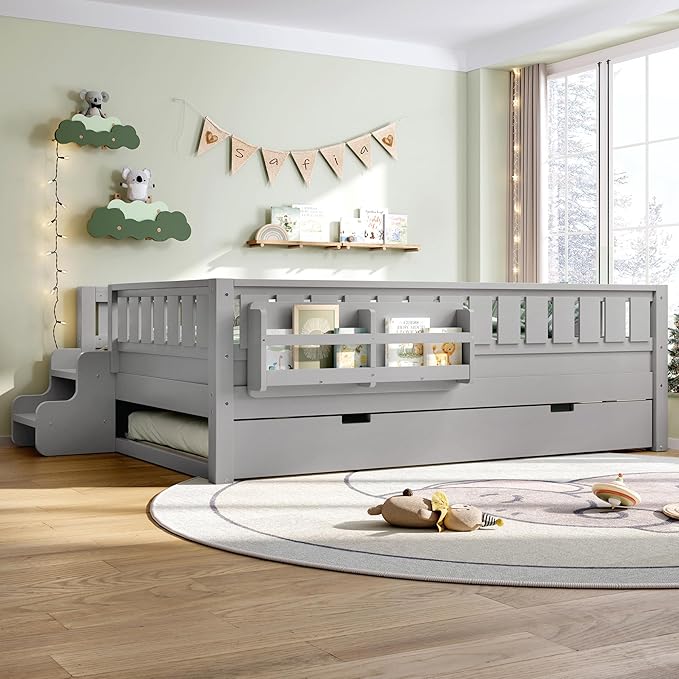 Bellemave Full Bed with Trundle and Stairs, Full Size Platform Bed Frame with Fence and Bookshelf, Easy Assemble Beds for Kids, Girls, Boys, Gray