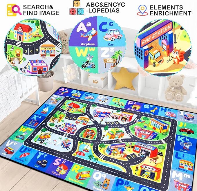 ABC Rug, Toddler Play Rug 6x9 Feet, Extra Thick (0.4in) Washable Baby Play Mat for Floor, Classroom Carpet Non-Slip for Learning, Alphabet, Nursery Mat for Crawling & Fun & Playroom Decor