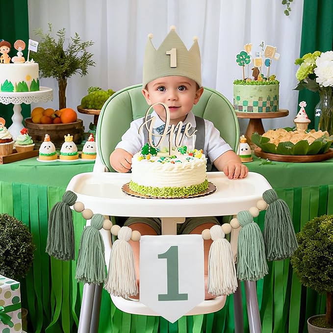 Wild One High Chair Banner For 1st Birthday Party Boy Decorations With Green Tassel Garland Crown Hat Cake Topper