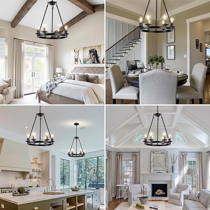 Wagon Wheel Chandelier, 6-Light Black Round Modern Farmhouse Chandelier with Adjustable Height Hanging Island Light Fixture for High Ceiling Dining Room, Kitchen, Living Room, Entryways, Foyer