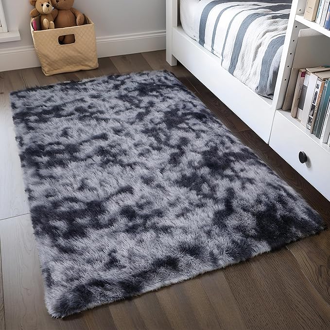 3x5 Dark Grey Fluffy Shag Rug for Bedroom, Soft Plush Fuzzy Washable Floor Non Slip Small Carpet for Living Room, Modern Comfy Furry Shaggy Area Rugs for Kids Baby Nursery Dorm, Tie-Dye Gray