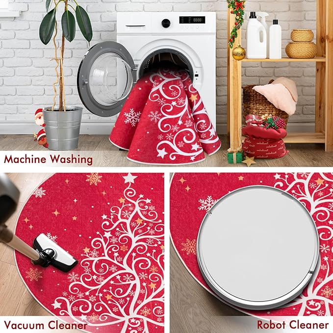 4' Machine Washable Christmas Round Area Rug, Non-Slip Vintage Floral Circle Floor Rugs for Kids, Low Pile Room Carpet for Living Room, Bedroom, Dining Room & Nursery(4' Christmas Tree)