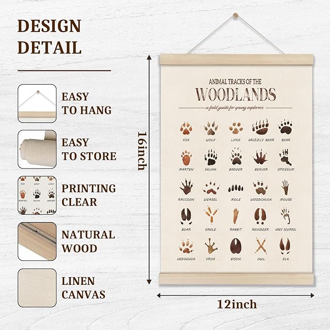 DOI-LANEE Woodland Tracks Poster Hanger Frame, Canvas Artwork Woodland Nursery, Jungle Nursery Decor, Animal Tracks Field Guide Sign, Forest Wall Art, Boy Wall Decor