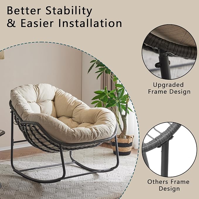 Oversized Outdoor Papasan Rocking Chair with Soft Cushion, Comfy Patio Egg Chair, Wicker Lounge Rocker for Balcony/Porch/Garden, Reinforced All Weather Rattan Frame, 330 lbs Support, Beige