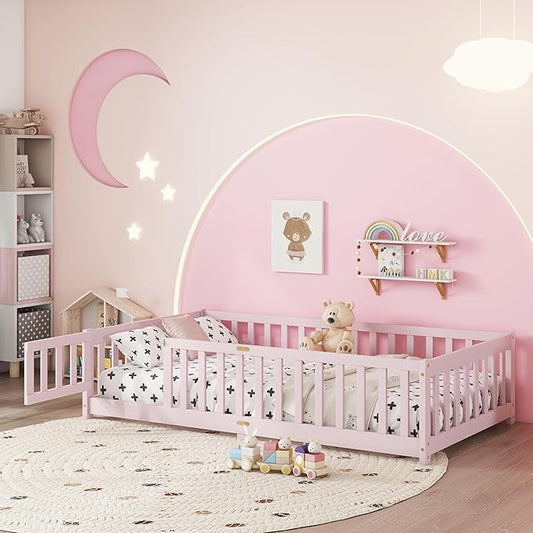 Twin Size Floor Bed for Kids, Wood Montessori Floor Beds with Fence Railings, Door & Slats Support, Twin Playhouse Bed Frame for Boys Girls, No Box Spring Needed, Pink