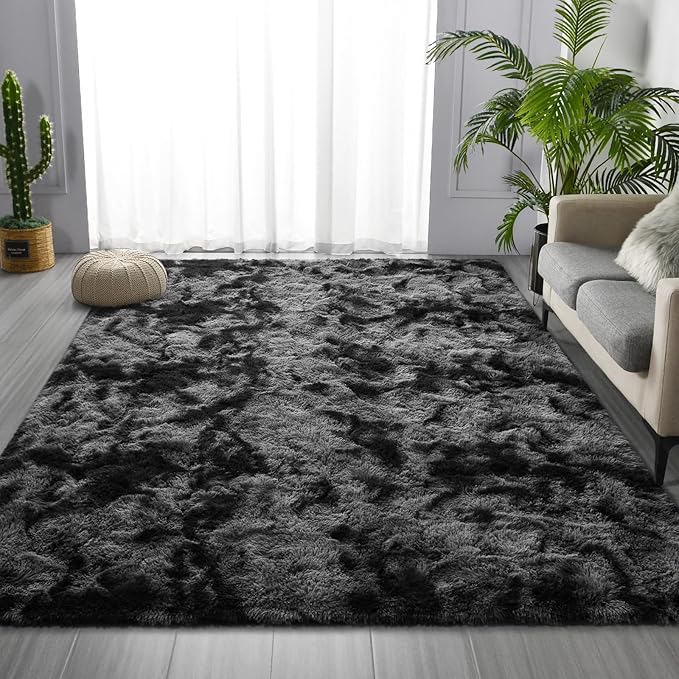 Large Shag Area Rugs 9 x 12, Tie-Dyed Plush Fuzzy Rugs for Living Room, Ultra Soft Fluffy Furry Rug for Bedroom, Indoor Carpet Nursery Rugs for Kids Room Home Decor, Dark Grey