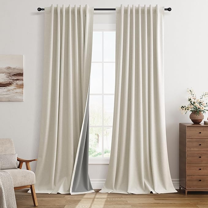 Warm Beige 100% Blackout Linen Curtains for Living Room 120 Inches Long Back Tab Textured Black Out Thermal Insulated Privacy Curtains for Room Divider Sliding Door Gray 2 Panels Set 52x120 10Ft