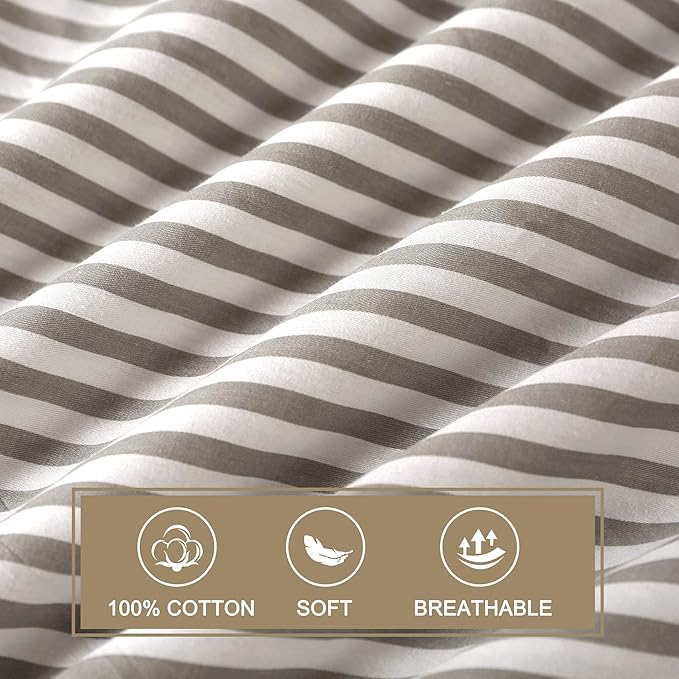 JELLYMONI 100% Natural Cotton 3pcs Striped Duvet Cover Sets,White with Grey Stripes Pattern Printed Comforter Cover,with Zipper Closure & Corner Ties(King Size)