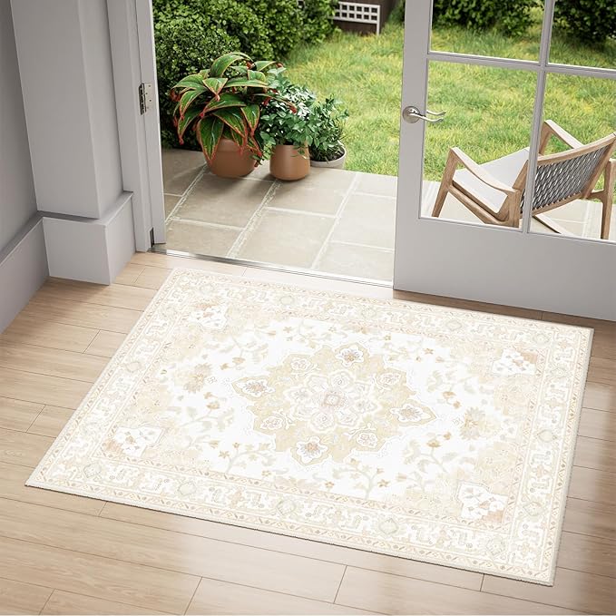 Machine Washable Rugs Nursery Rug 2x3 Area Rugs Girl Non Slip Low Pile Water Repellent Soft Print Pattern for Bedroom Indoor Decor Kids Playroom Cream