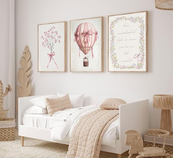 3Pcs Pink Nursery Wall Art Pictures Cute Baby Girls Room Posters Print Neutral Pink Bow Bouquet Hot Air Balloon Pastel Painting Wall Decor for Kids Room Little Girl Bedroom 16x24in Unframed