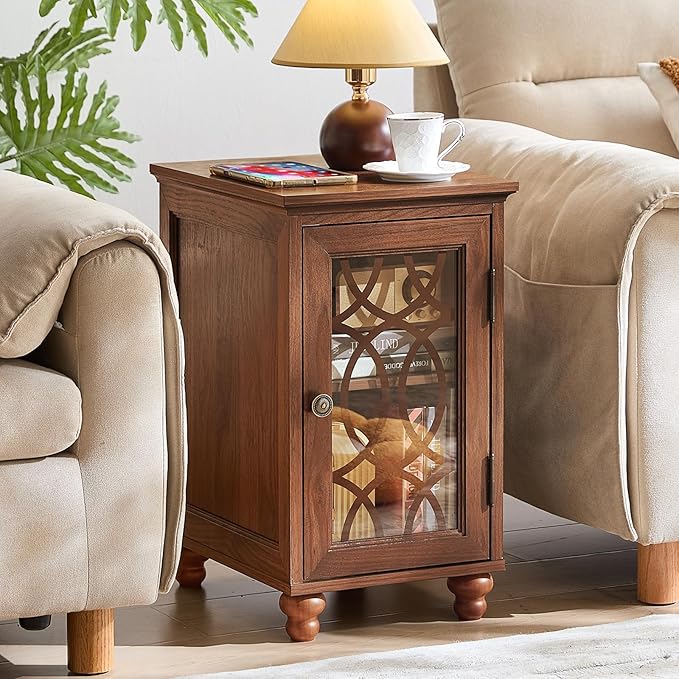 Narrow Side Table with Glass Door, 18 x 14'' Night Stand with Adjustable Shelf Storage Cabinet Organizer, Bedside End Tables Wood Nightstand for Small Spaces Living Room Bedroom