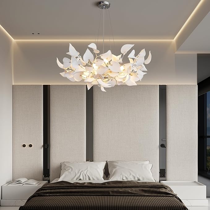 YUYI 39.4" Silver Tree Branches Chandelier, Ceramic Ginkgo Leaf Chandelier, Modern Round Chandeliers for Dining Room, Living Room Over Table, Kitchen, Foyer, Bedroom, Elegant Art Deco