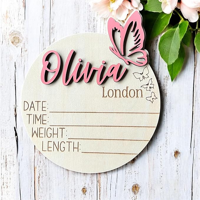 Personalized 3D Butterfly Birth Announcement Sign, Wooden Name sign, Hospital Photo prop Baby Name Reveal (Butterfly Right (3 engraved))