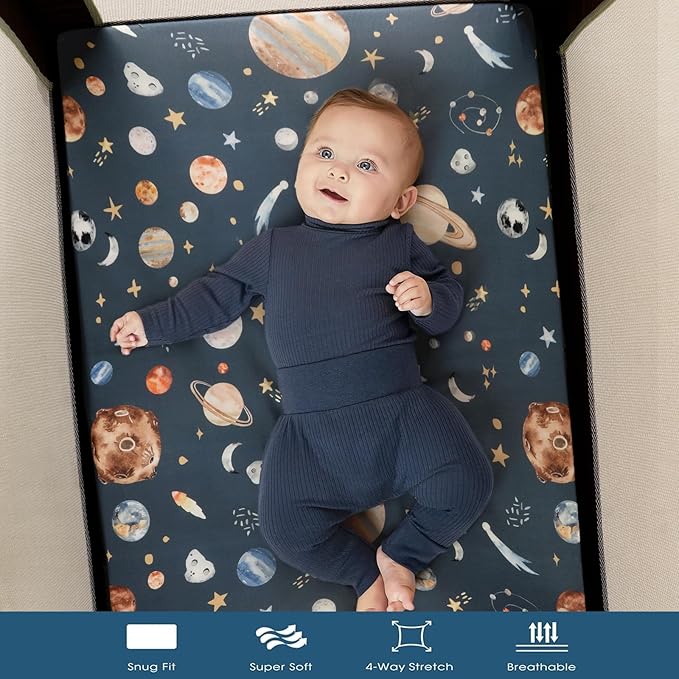 GRSSDER Pack n Play Sheets Fitted 3 Pack, Stretchy Ultra Soft Jersey Knit Pack and Play Sheets, Universal Fitted Portable/Mini Crib Mattresses Snug and Safe, Space Stylish Print