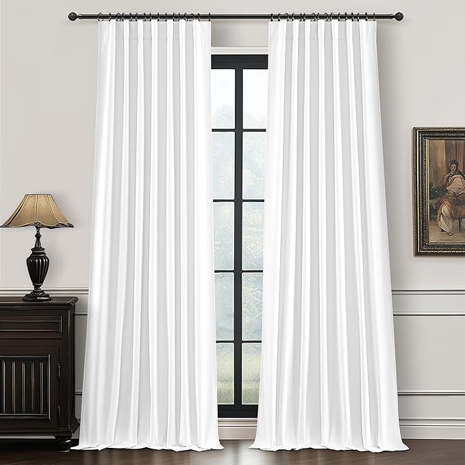 Solid White Blackout Linen Curtains 96 Inches Long for Living Room, Neutral Farmhouse Pleated Drapes Rod Pocket & Track System for Bedroom Windows Black Out Privacy Curtain 2 Panels Set 8 FT Length
