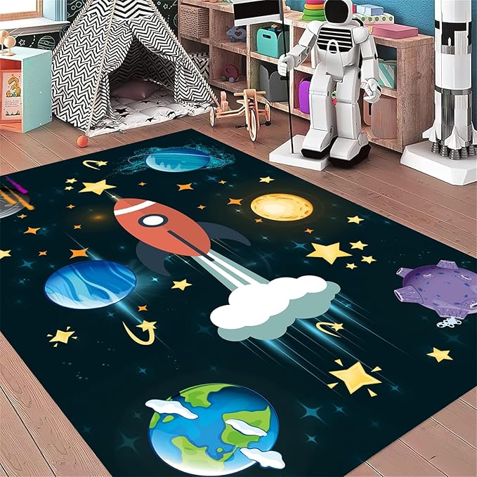 5x8ft Outer Space Rug - with Rocket and Planet Design, Non-Slip Washable,Kids Rugs for Playroom Easy Care Rug, for Children's Room, Toddlers, Classroom, Playroom, Baby Daycare