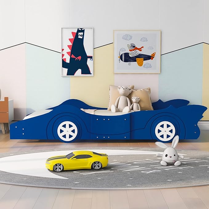 Twin Size Race Car-Shaped Platform Bed Bedframe with Wheels, 87.4" L x 40.3" W x 16.1" H Blue
