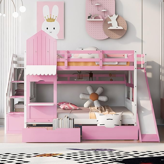Full-Over-Full Bunk Beds Castle Style Bunk Bed with 2 Drawers 3 Shelves and Slide - Pink