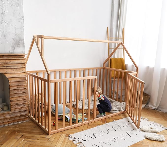 BUSY WOOD Montessori Bed for Toddlers - Floor Bed Frame Full - Floor Toddler Bed with Rails - Montessori Bed Queen- Floor Toddler Bed with Rails - Montessori Floor Bed Frame (Model 21)