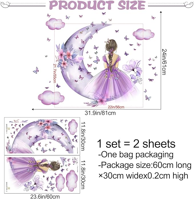 2 Sheets Purple Butterfly Girl Wall Decal - Removable DIY Moon Cloud Wall Decal Vinyl Purple Flower Princess Room Art for Girls Baby Nursery Bedroom Living Room Bathroom Classroom Decor