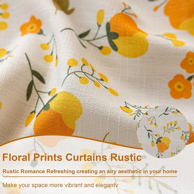 OYX Yellow Boho Pattern Floral Curtains 63 Inch Length 2 Panels for Living Room, Bedroom Light Filtering Drapes, Vintage Country French Tassels Patterned Rod Pocket Aesthetic Decor Window Treatments