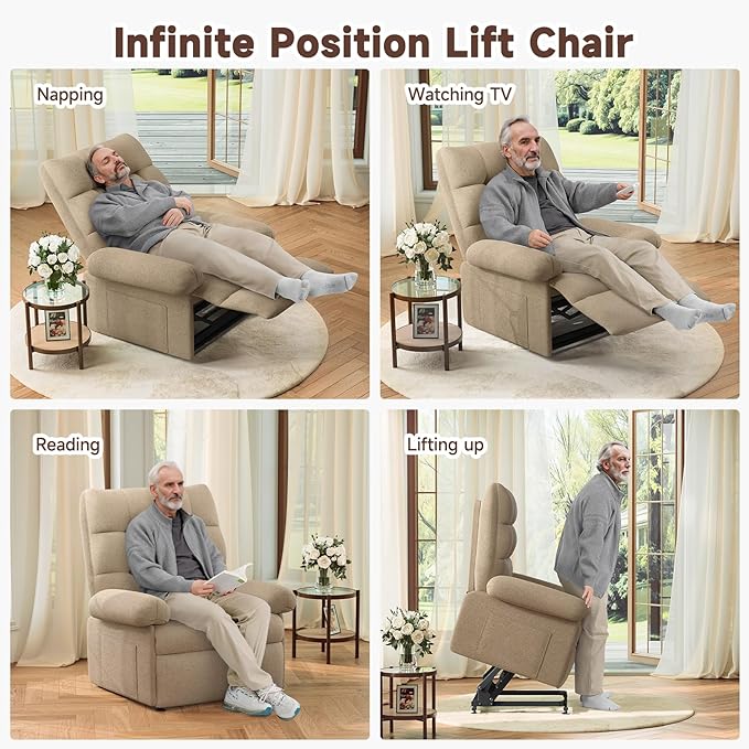 Power Recliner Chair for Elderly, Lift Chairs Triple Motor with Infinite Position, Seniors Electric Stand Assist, Single Sofa with Side Pockets for Living Room, Beige-Brown