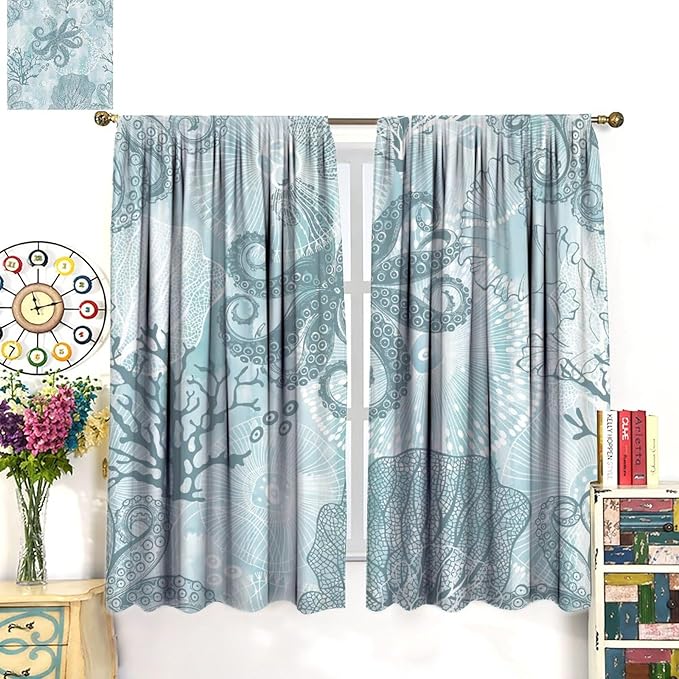 Coastal Window Curtains,Nautical Beach Themed Thermal Insulating Blackout Curtain for Living Room, Bedroom Set 2 Panels,84x84 Inches