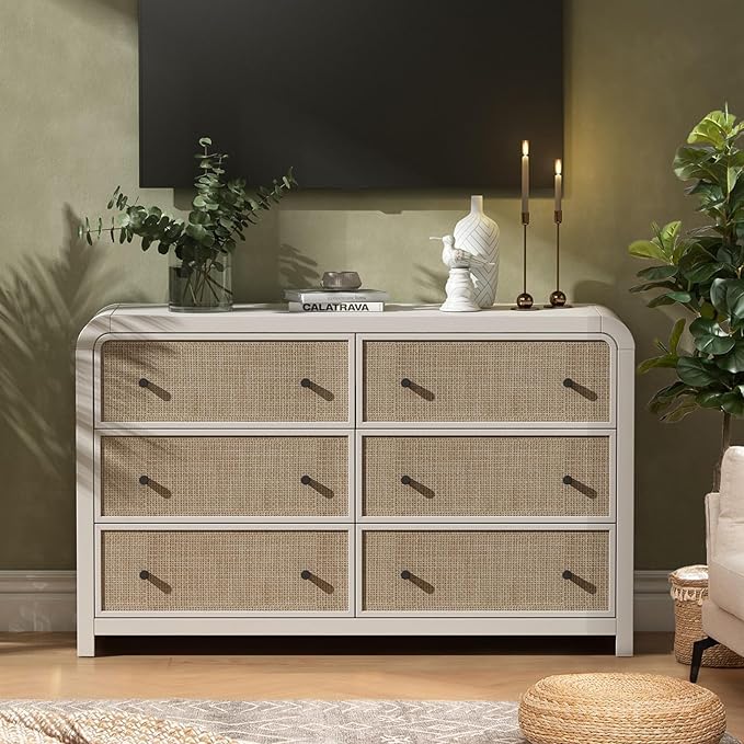Oak&Sparrow 6 Drawer Dresser for Bedroom, 49'' Rattan Dresser with Ample Storage, Boho Chest of Drawers, Thickened Curved Profile Design, Oak Dressers for Bedroom, Living Room