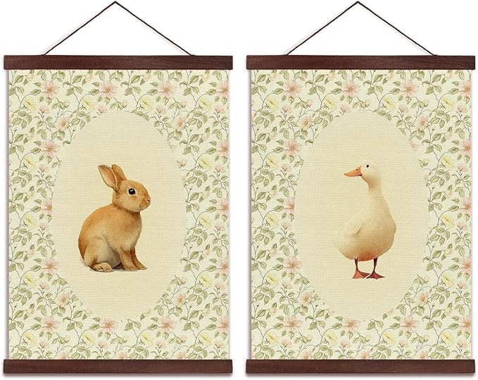 Wheatwin Nursery Decor, Vintage Baby Girl Nursery Wall Decor for Playroom Girls Boys Kids Room Bedroom, Animal Rabbit Goose Wildflower Floral Canvas Pictures Framed Art Decorations 12x16