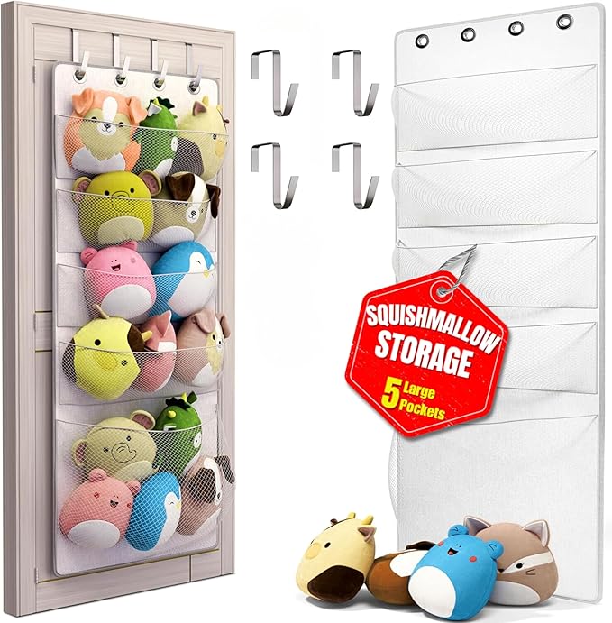 Squishmallow Holder - Over The Door Space Saving Storage Solution with 5 Large Pockets - Quick 1-Minute Installation - Organize and Display Squishmallows - Durable and Easy Access for Kids