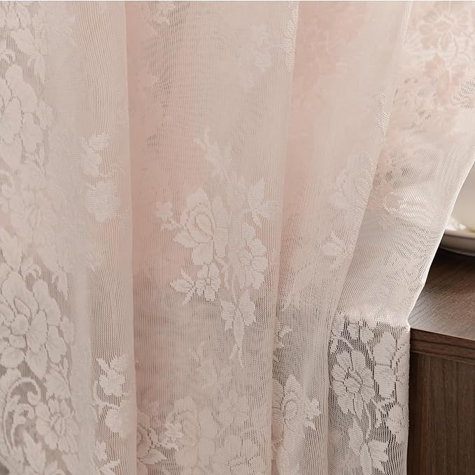 Blush Pink Lace Curtains 36 Inch Length, 2 Panels, W42 x L36 Inch Each, Country Rustic Floral Coquette Lace Cafe Curtains for Kitchen Window, Rod Pocket Privacy Short Sheer Curtain for Small Windows