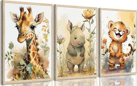 3Pcs Safari Nursery Wall Art watercolor baby Animal Wall Decor Lovely Jungle Animal Picture Painting Kids Room Posters Prints artwork for Boy Girl and Baby Room wall decoration,16x24in Poster