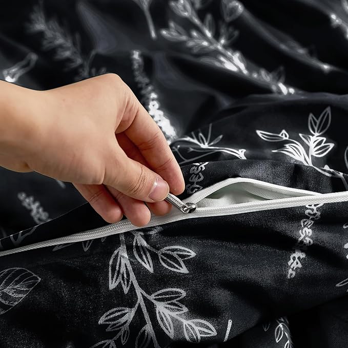 MUXHOMO Duvet Cover Queen Size, Reversible Floral Black Duvet Cover Set with Zipper Closure, 3 Pieces Botanical Patterns Soft Microfiber Bedding Set with 4 Ties (90"x90", 2 Pillow Cases)