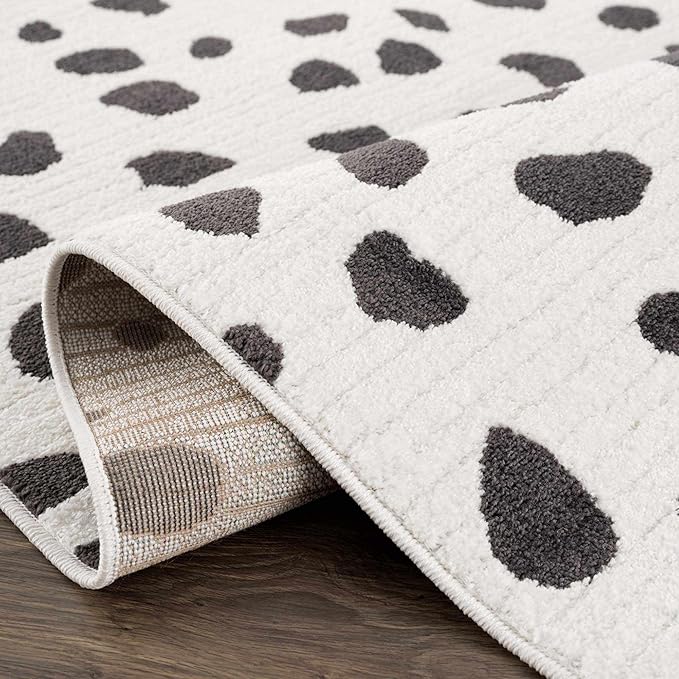 Hauteloom Tariffville Modern Animal Print Dalmatian Style Area Rug for Living Room, Bedroom, Kids Room, Nursery - High Pile Carpet - Black and White, Charcoal - 18" Sample