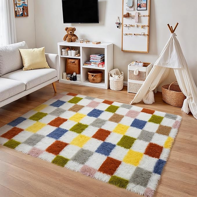 Checkered Rug 4x6 for Living Room, Colorful Modern Shag Rug Super Soft Washable Fluffy Rugs Indoor Fuzzy Carpet for Bedroom Home Dorm Aesthetic Decor