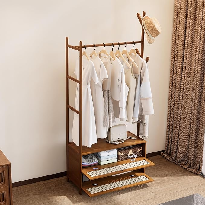 Garment Rack with Drawers,Cute Clothing Rack,Bamboo Clothes Rack,Clothes Rack Hanging,Wardrobe Closet for Entryway Guestroom Kids Bedroom (27.6inch Width Tawny with Rattan Door)