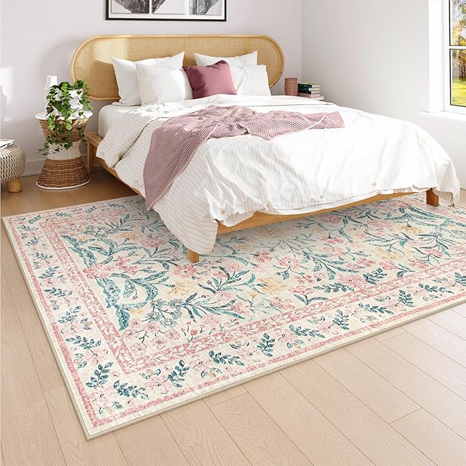 Wonnitar Pink Rugs for Bedroom Girls, 5x7 Washable Rug for Nursery Decor, Boho Soft Floral Carpet Non Slip, Indoor Ultra-Thin Floor Carpet for Baby Kids Room Living Room Dorm