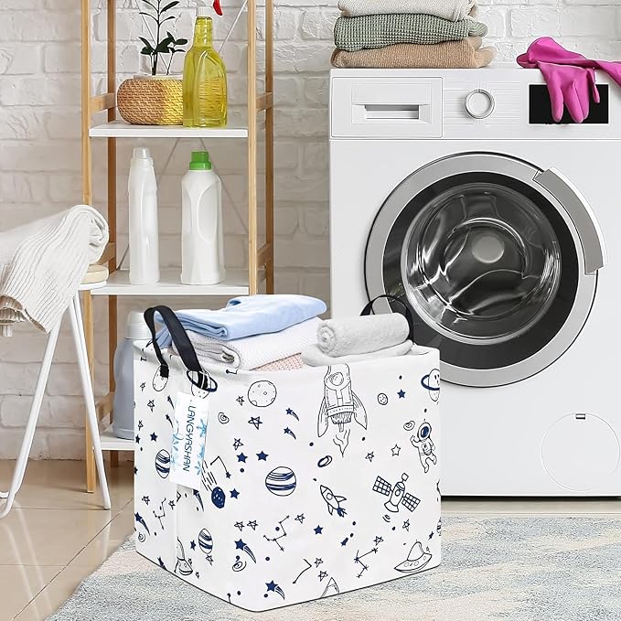 LANGYASHAN Square Storage Baskets Waterproof Canvas Children Laundry Nursery Hamper for Shelves Gift Baskets Toy Organizer Room Decor (Square spaceship)