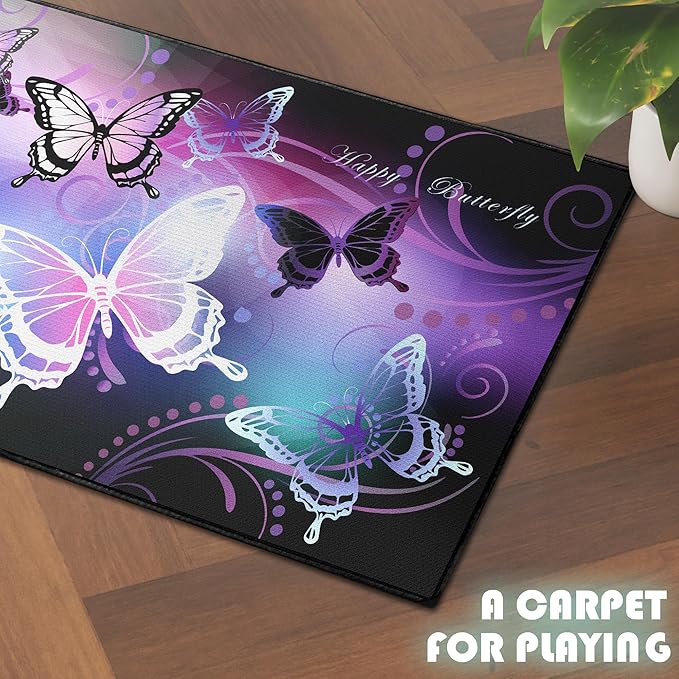 Beautiful Butterfly Fantasy Rug for Playroom Girls Bedroom Colorful Rainbow Butterfly Decor Area Carpet 2x3 Purple Mat 3D Printed Non-Slip Washable