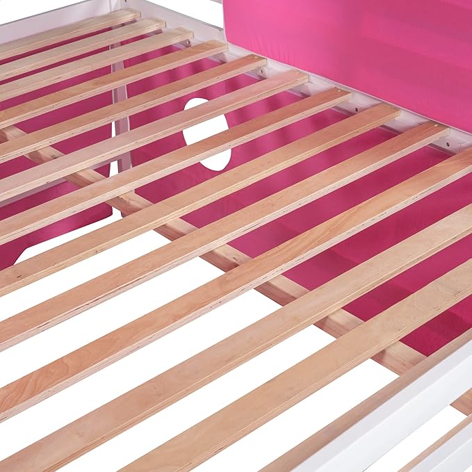 Playhouse Design Full Size Low Loft Bed with Slide & Tent and Tower, Solid Wood Tent Bed Frame for Kids Boys Girls, Versatile Spacious Under Bed Space with Curtains (Pink-TE)